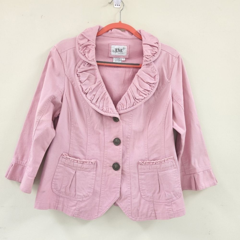 Women's LAL Live A Little Pink Jacket Women Sz M 3/4" Sleeves Lrg Buttons Ruffle